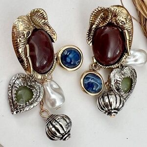 Elephant Dangle earrings Animal Pearl Gems Heart Charms Womens Jewelry
